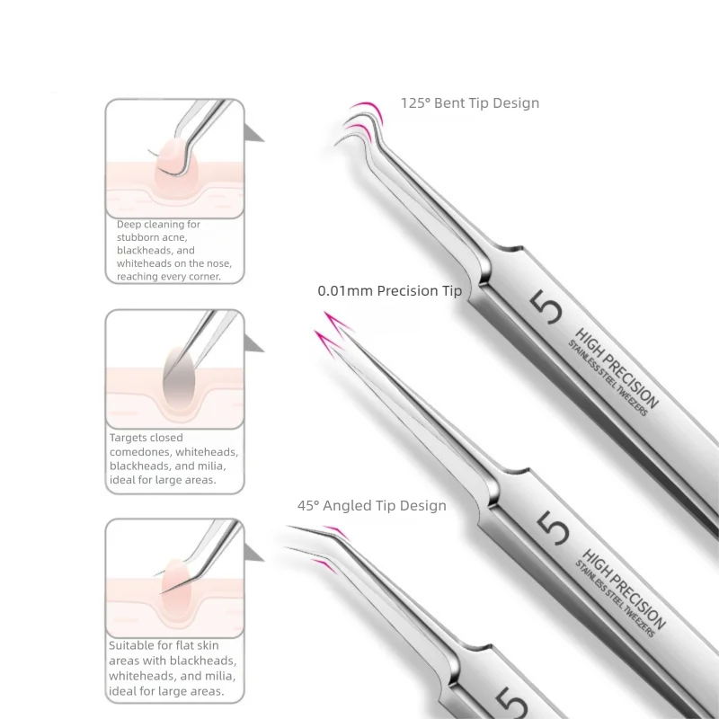 3 stks/doos Ultrafijn nr. 5-acne mee-eter verwijderen pincet schoonheidssalon acne puistjes naalden diepe reiniger clip gezicht huidverzorging tool