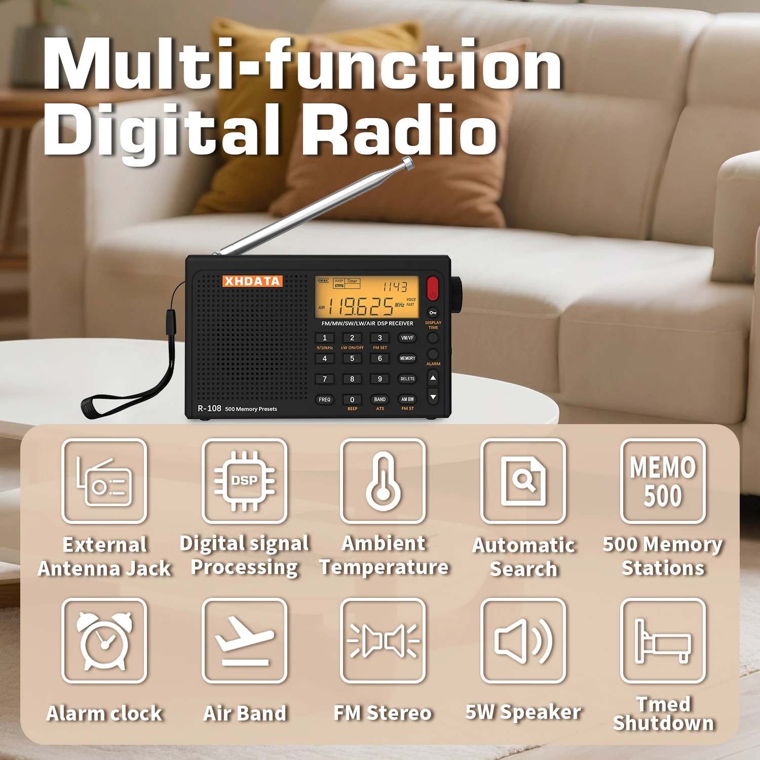 

XHDATA R-108 Portable Radio AM FM SW LW Airband Full Band DSP Radio with Sleep Time and Alarm Clock 500 Memory