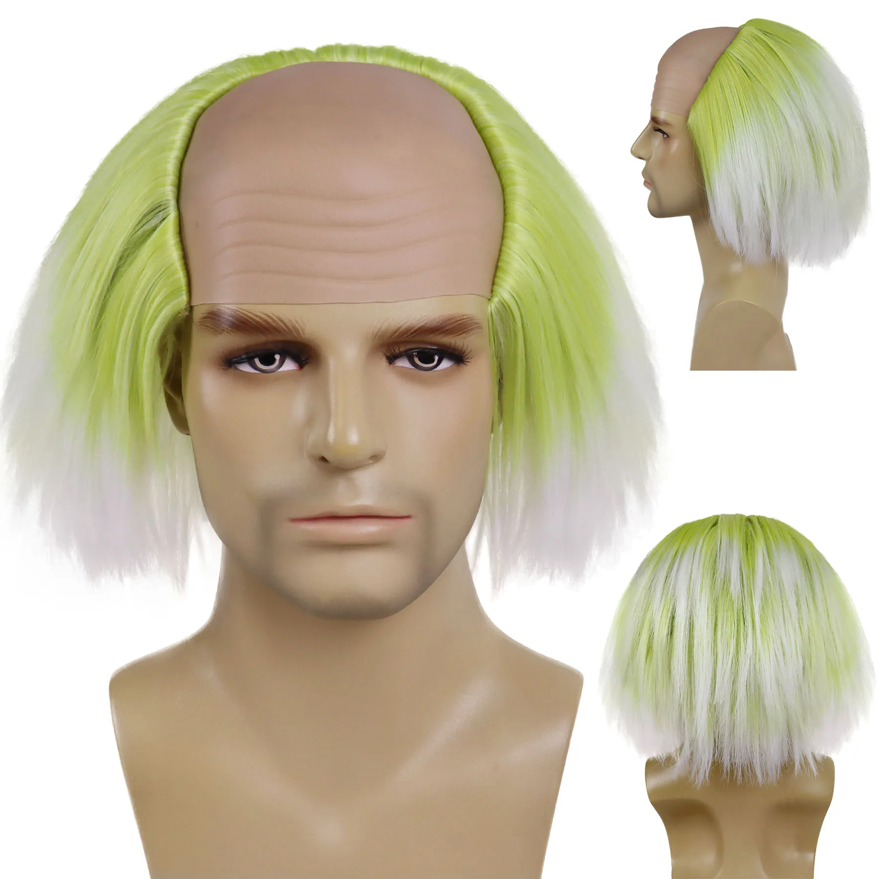 

Синтетические парики Ombre Зеленый Белый Клоун Лысый головной убор Аниме Косплей Призрачные вибрации Безумный ученый костюм Геніуса Парик на Хэллоуин