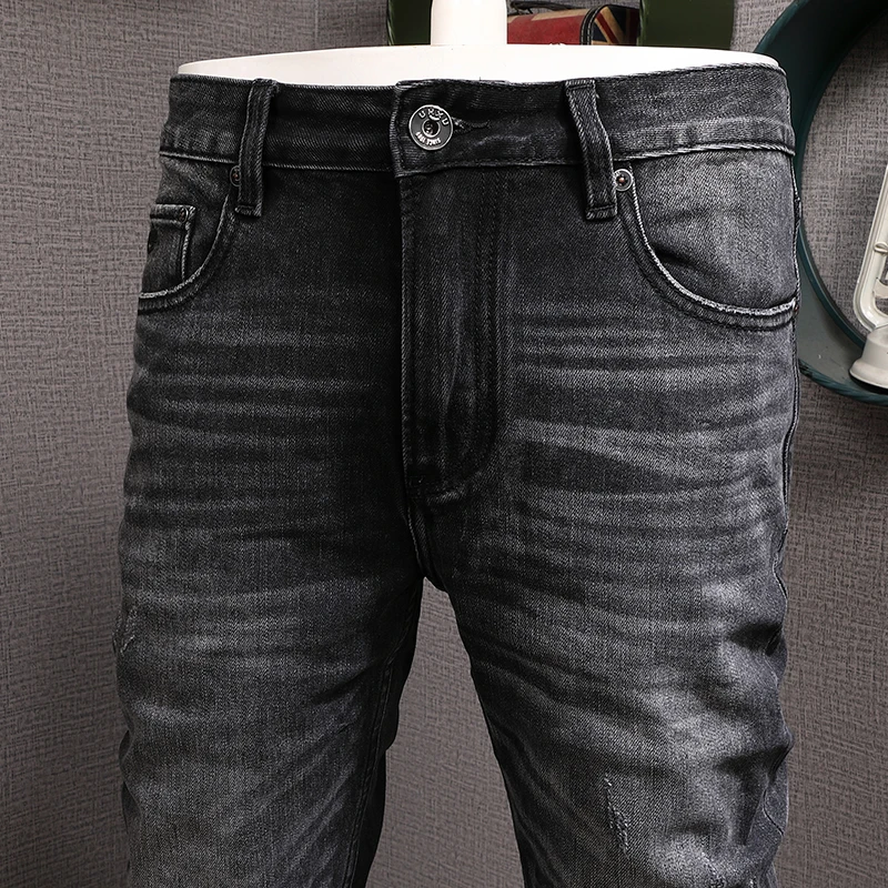 European Vintage Fashion Men Jeans High Quality Retro Black Gray Elastic Slim Fit Ripped Jeans Men Casual Designer Pants Hombre