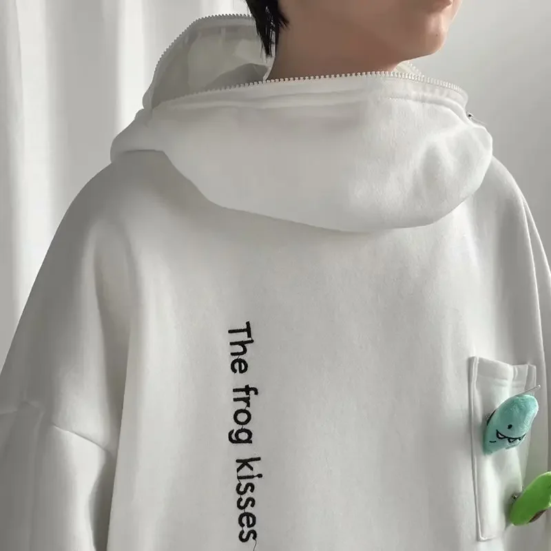 Women Thicken Keep Warm Kawaii Outwear Tops 2023 Autumn Winter Frog Eyes Hooded Sweatshirt Zip-up Plush Fleece Oversized Hoodies