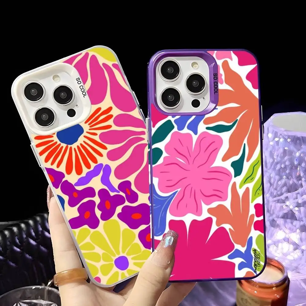 Flower Painting Art Phone Case For iPhone 16 15 14 13 12 11 Pro Max White Purple Matte Laser Metallic Aurora Funda