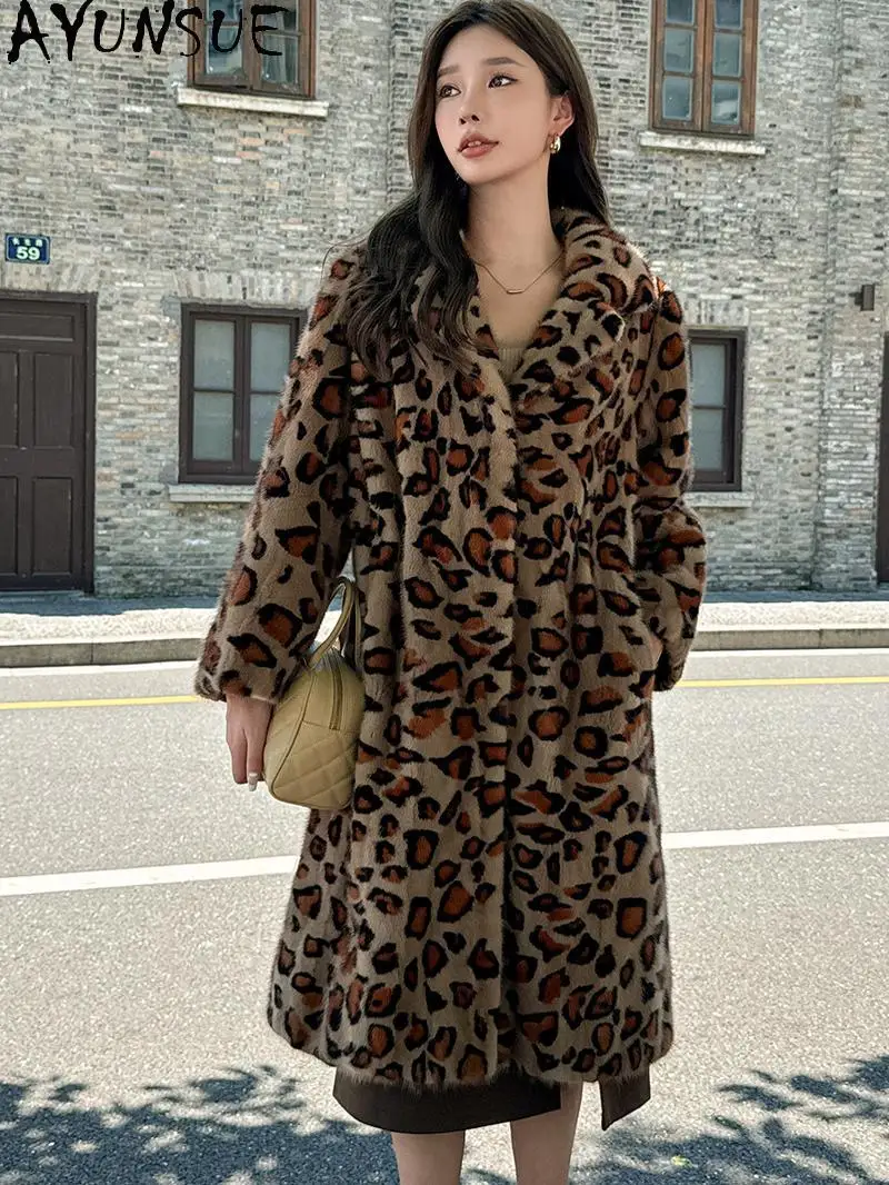 AYUNSUE Naturalny płaszcz z futra norek damski modny płaszcz z prawdziwego futra w panterkę dla kobiet wysokiej jakości odzież zima 2025 Шуба Женская