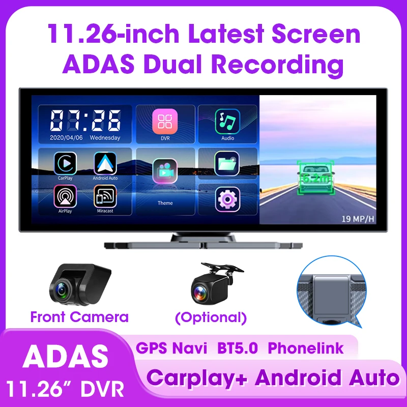 

Видеорегистратор 10/11,26 дюйма, 4K ADAS, беспроводная связь CarPlay и Android Auto, Bluetooth, аудио, 1080P, задняя камера, двойная запись, навигация, приборная панель