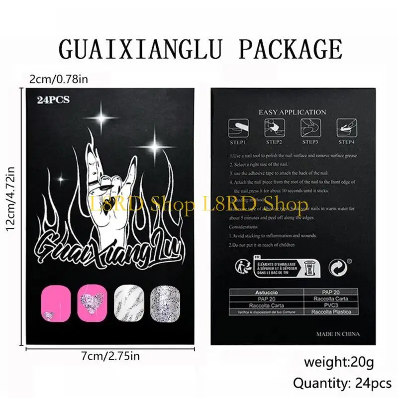 l8rd 24pcs เงินระยิบระยับเล็บกดเล็บทำเล็บสำหรับวันวาเลนไทน์