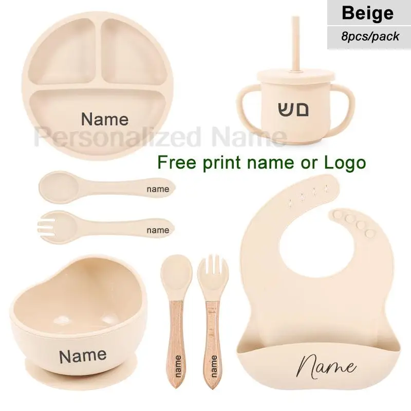 6Pcs Silikon Geschirr Für Kinder Baby Fütterung Sets Sauger Schüssel Esszimmer Platte Löffel Gabel Bib Tasse Personalisierte Name kinder geschenk – Detail 13