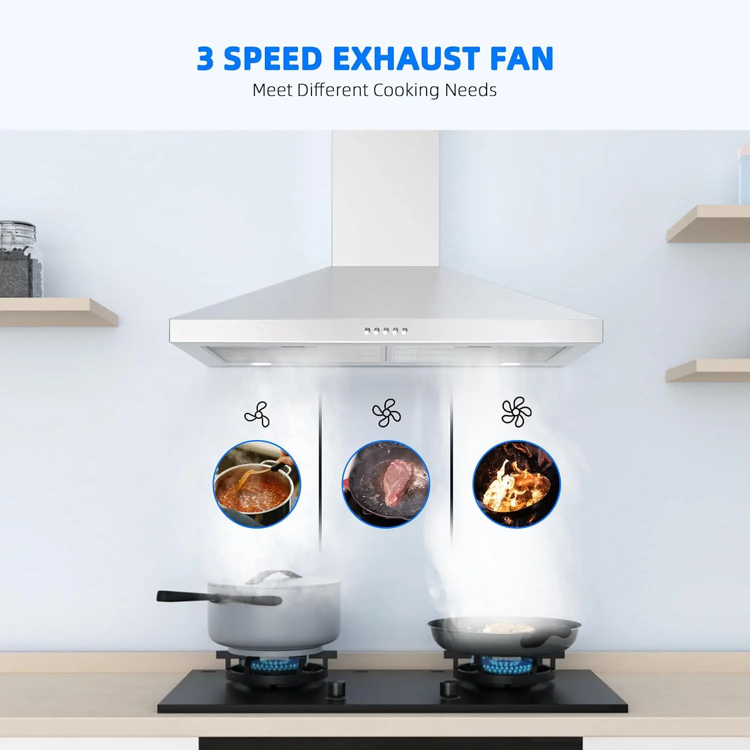 Range Hood 30 Inch, Stainless Steel Wall Mount Kitchen Hood 450 CFM with 3 Speed Exhaust Fan