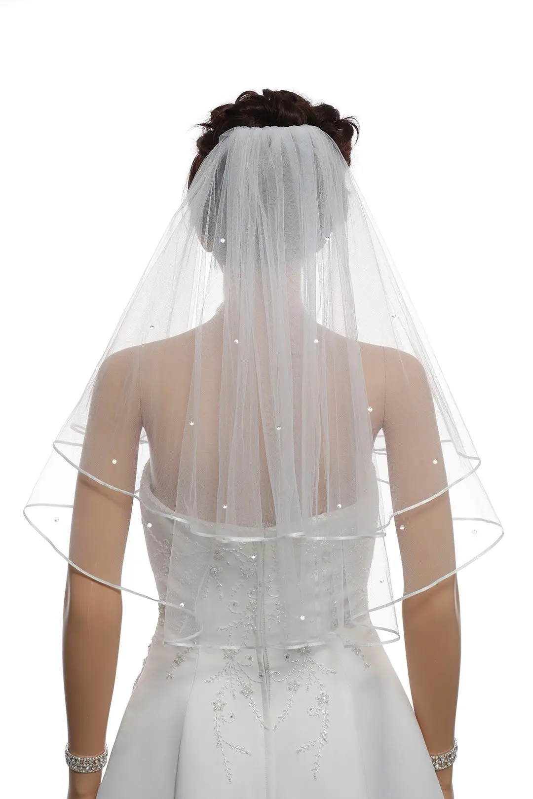 2T 2 Tier  Ribbon Edge Center Gathered Beaded Bridal Veil 2023