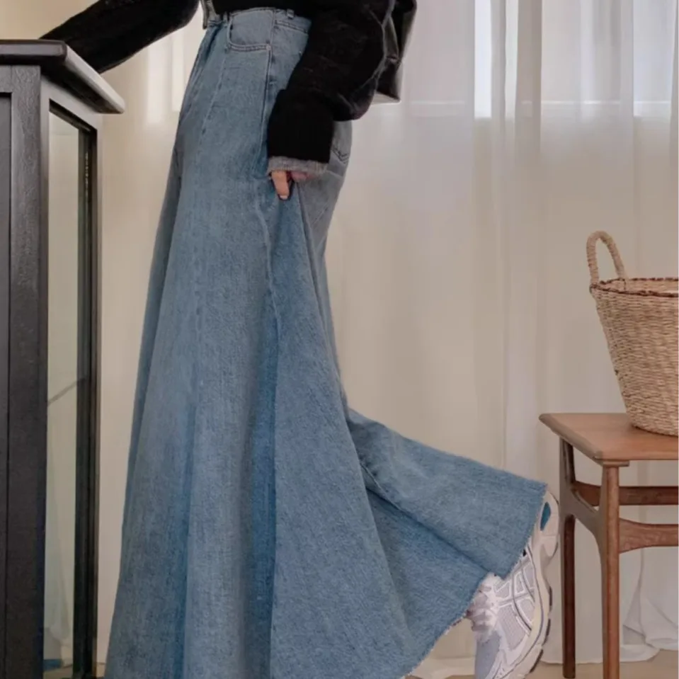 Chic Water Washed Denim Fish Tail Half Skirt Women's Early Autumn High Waist Slimming Draped Mid-Length A-Line Skirt