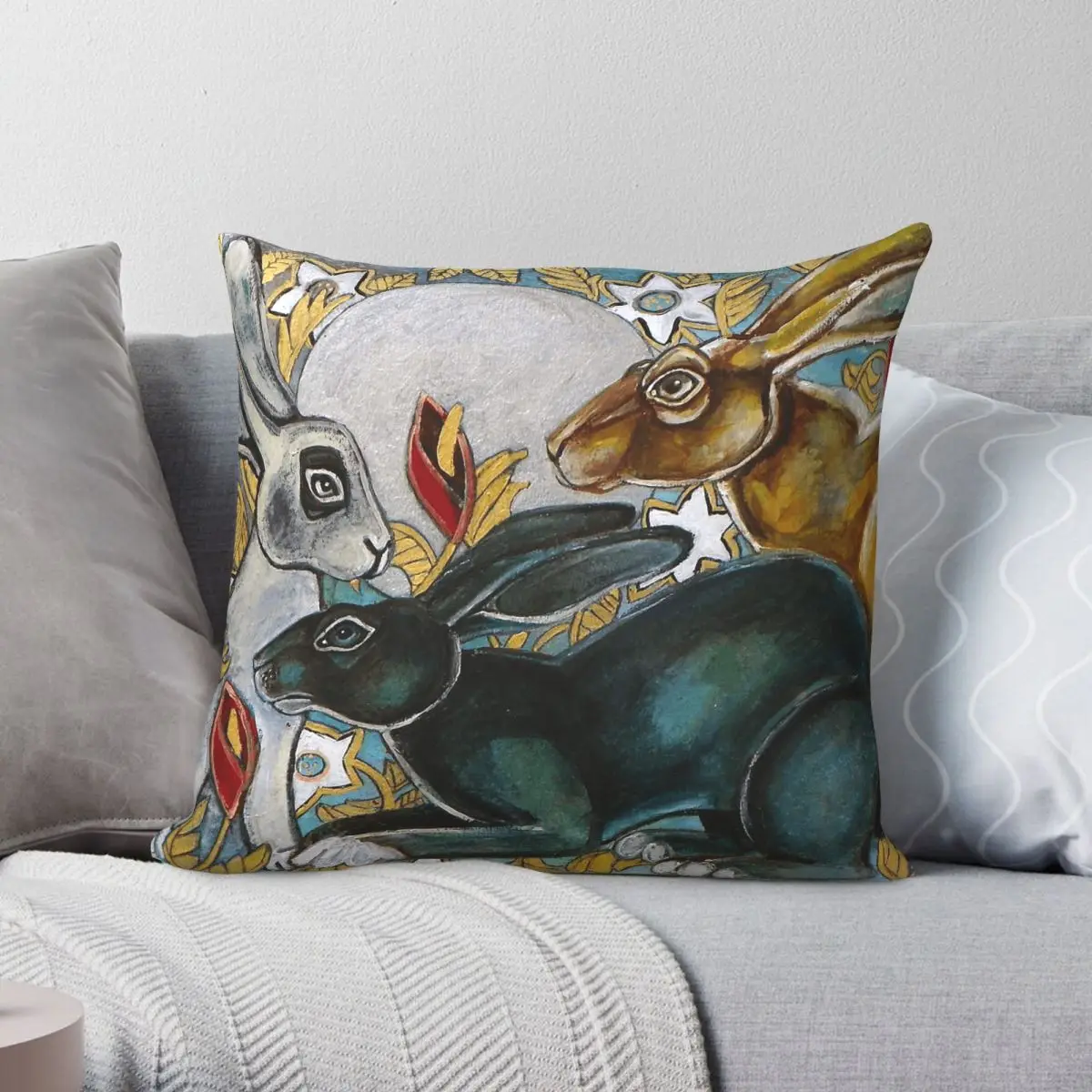 Three Moon Gazing Hares Pillowcase Polyester Linen Velvet Printed Zip Decor Throw Pillow Case Bed Cushion Cover