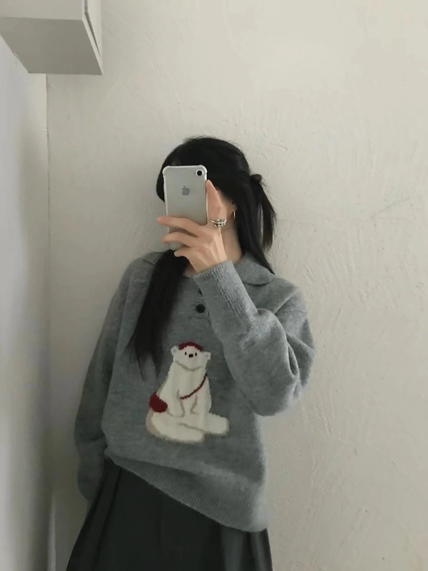 Suéter de punto holgado y acogedor para mujer, suéter de punto suave y acogedor con patrón de oso Bapa coreano, Top de otoño e invierno