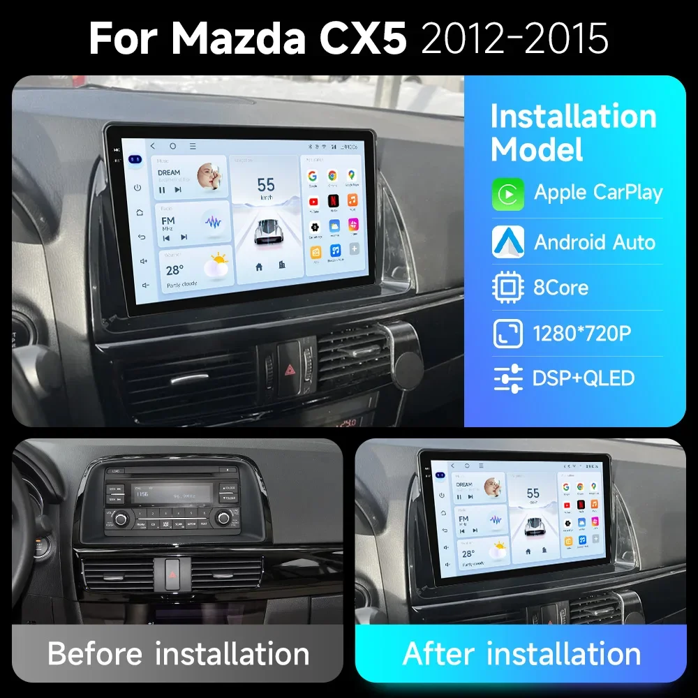 For Mazda CX5 CX-5 2012-2015 Android 15 Car Radio 2K Stereo GPS AI Voice Viedo Player Qualcomm DSP 4G LTE Multimedia QLED AUTO