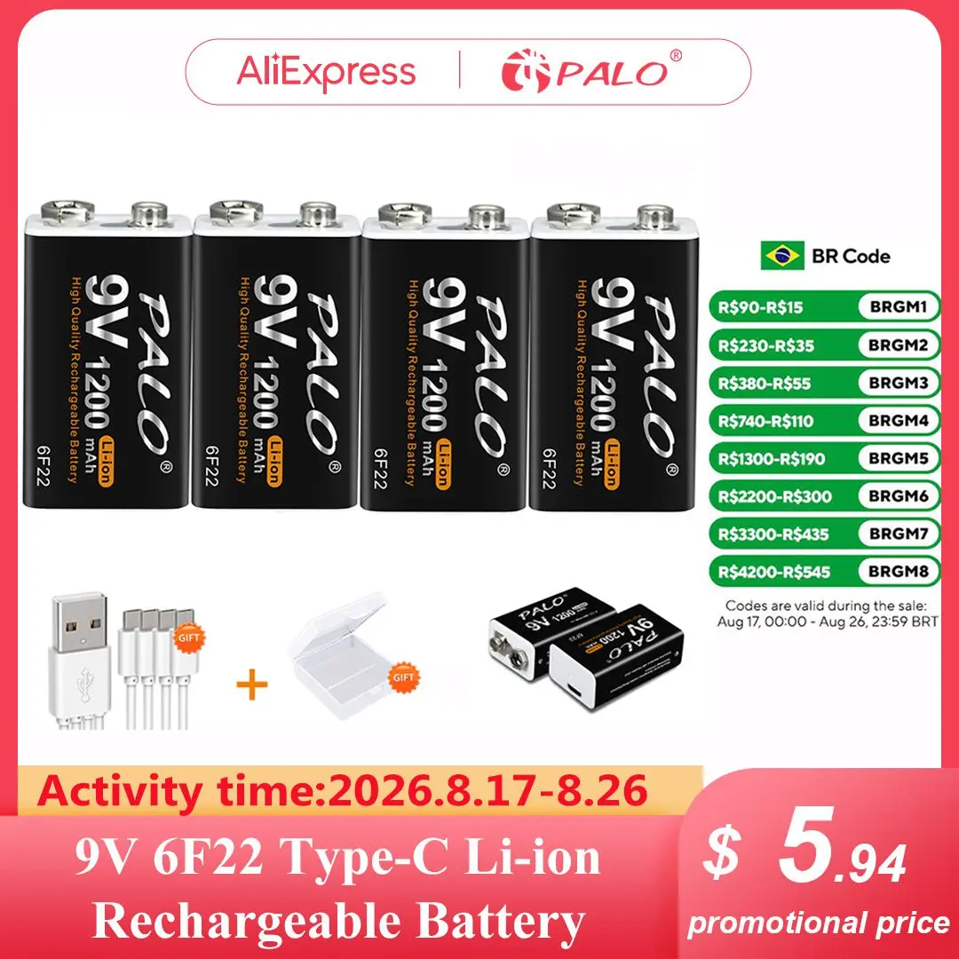 Bateria Recarregável PALO 1200mAh Tipo-C USB 9V, Bateria de Lítio 6F22 para Helicóptero RC, Microfone e Brinquedos