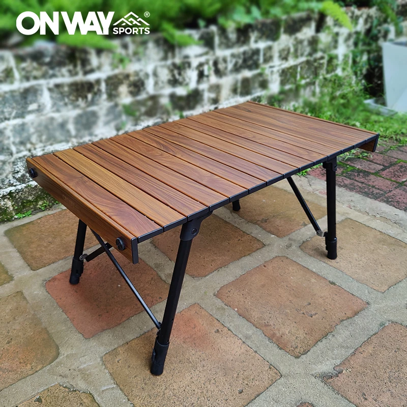 Outdoor Portable Wood Grain Aluminum Camping Roll up Top Adjustable Folding Table