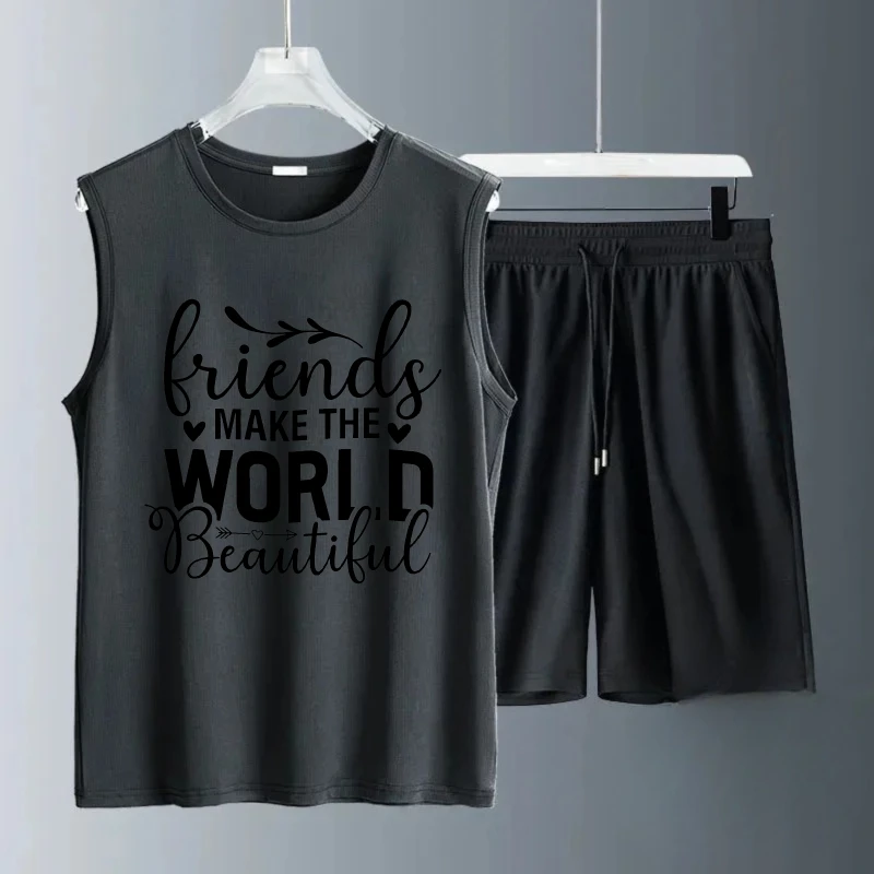 بدلة صدرية رجالية صيفية بدون أكمام مطبوعة للأصدقاء تجعل العالم جميل بدون أكمام + شورت ملابس رياضية بدلة رياضية سريعة الجفاف