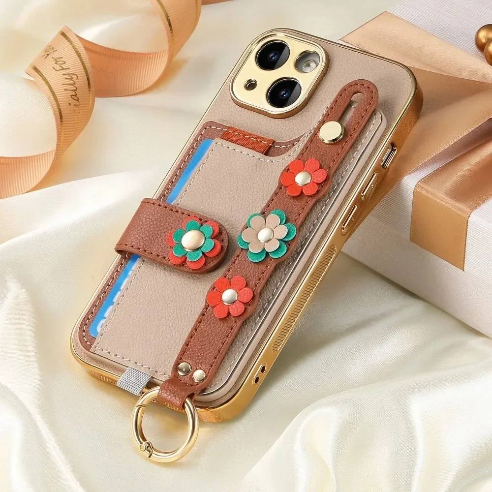 Electroplated 3D Flower Phone Case For iPhone 16 15 14 Plus 13 12 11 Pro Max Wrist Strap Ring Card Slot Holder PU Leather Cover