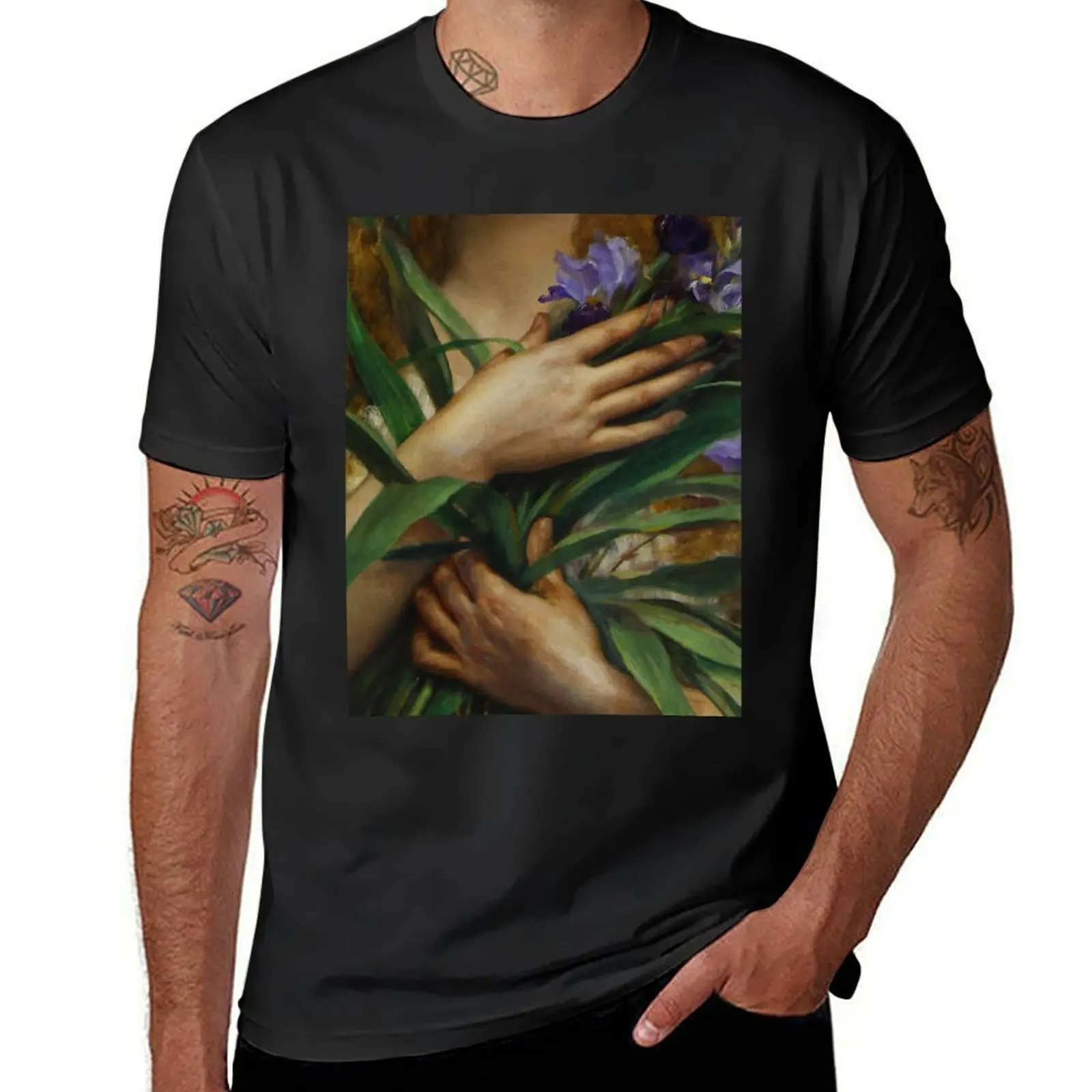 Woman Holding Iris flowers, French Pre-Raphaelite painting T-Shirt summer tops tees mens clothes