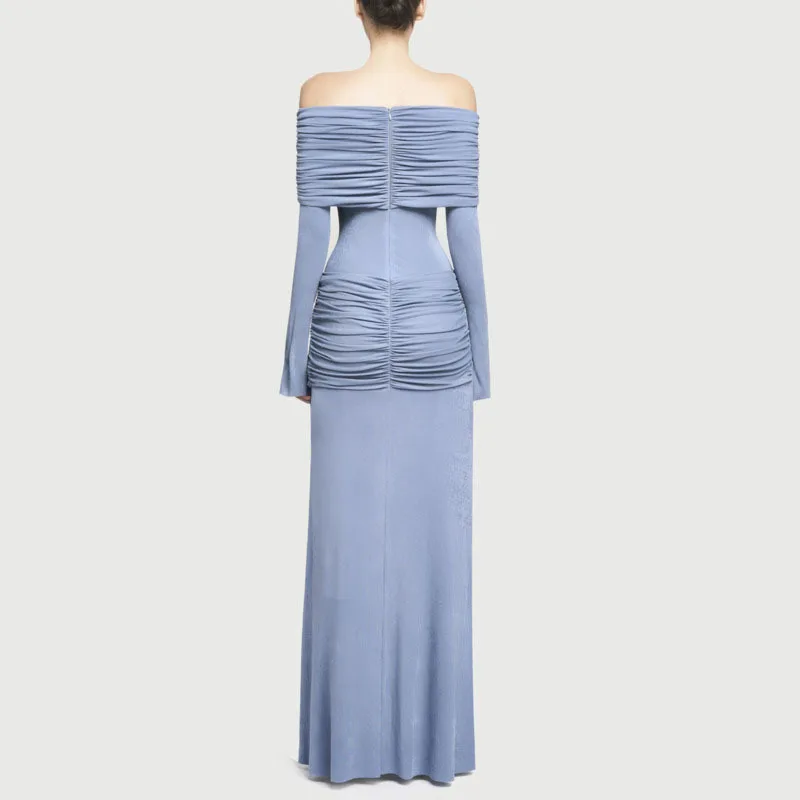 HKSH ربيع وصيف جديد إمرأة شيك أنيق موضة مساء فستان مائل الرقبة مطوي الصدر التفاف بلون فستان الحفلات HK5309