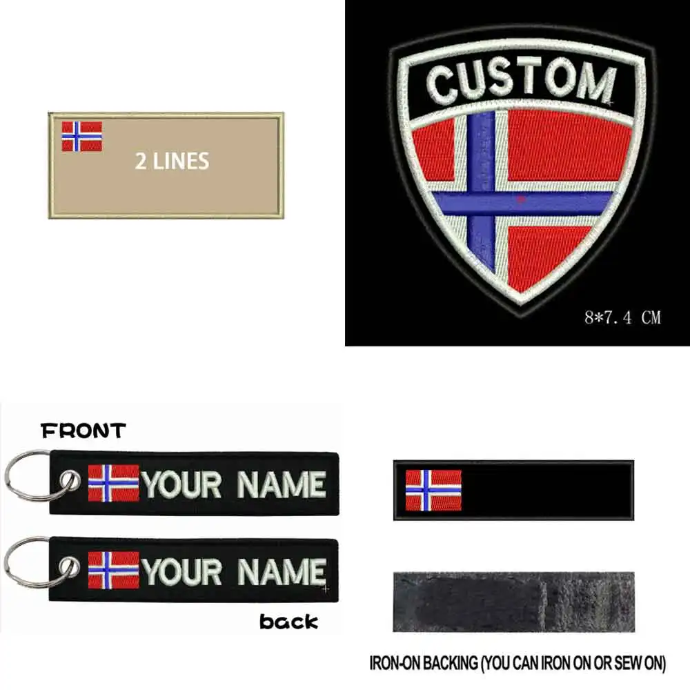 Custom Norway name patches tags personalized iron on hook backing embroidered