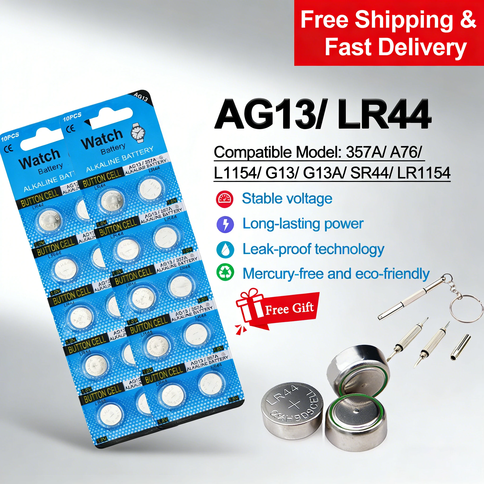 

LR44 AG13 Battery 1.5V High Capacity (10-100PCS) Alkaline Button Cells A76 357A Replacement for Car Key Fob Watch Toy