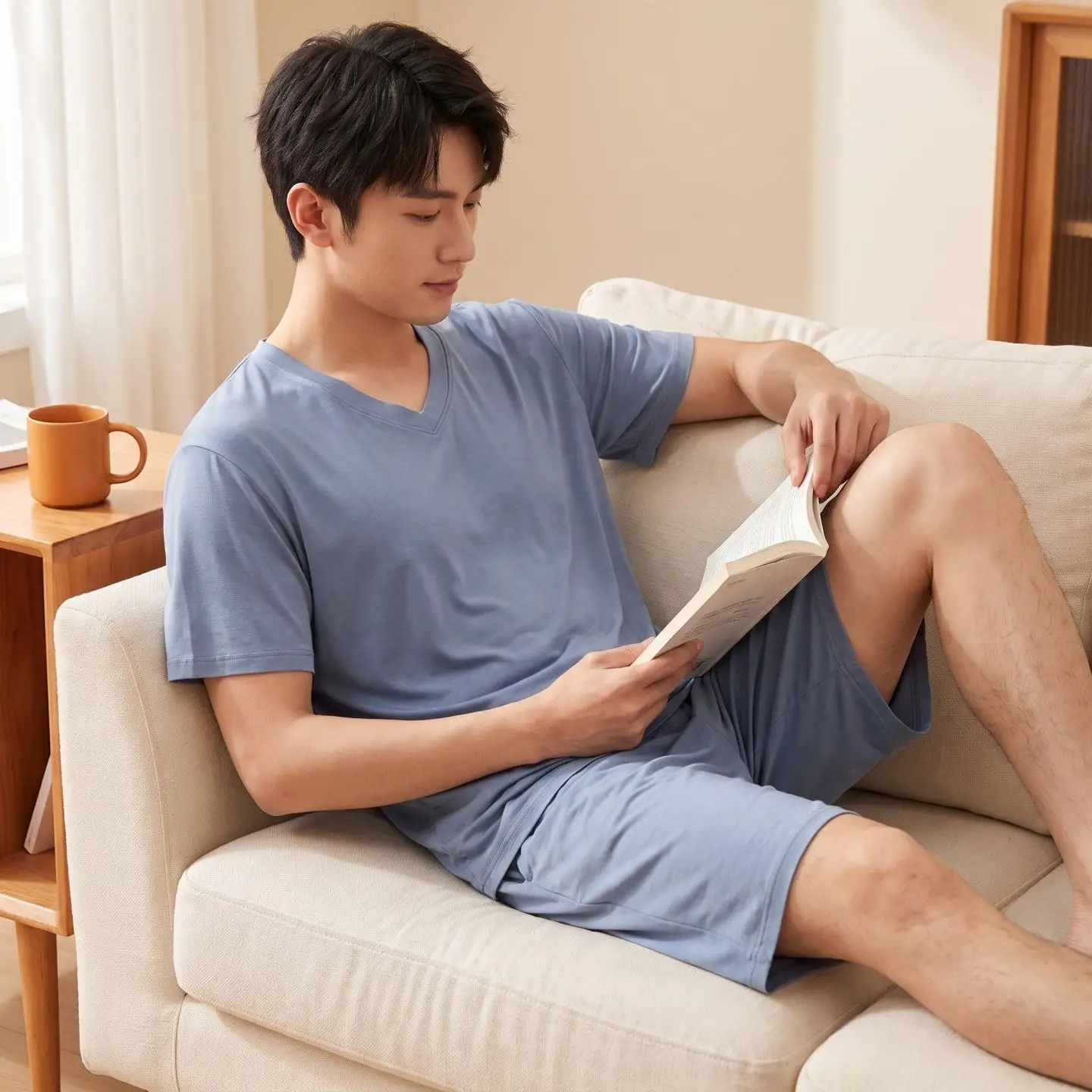 Modal Men's Short Sleeve Shorts V-Neck Home Clothes Color Set Summer Thin Men's Sleepwear Pants Two-Piece Set
