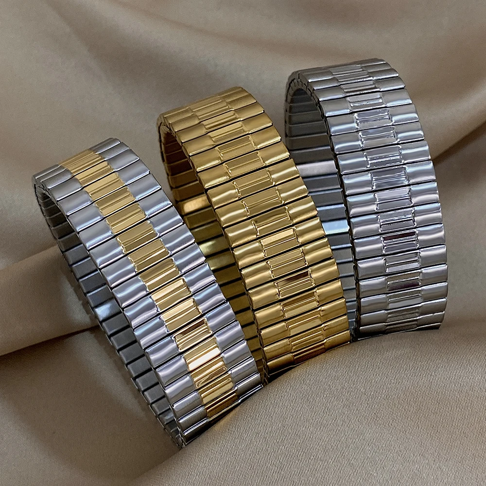 AENSOA 1 szt. Prosta Bassic elastyczna gruba bransoletka ze stali nierdzewnej dla kobiet mężczyzn regulowane pozłacane szerokie bransoletki biżuteria na nadgarstek