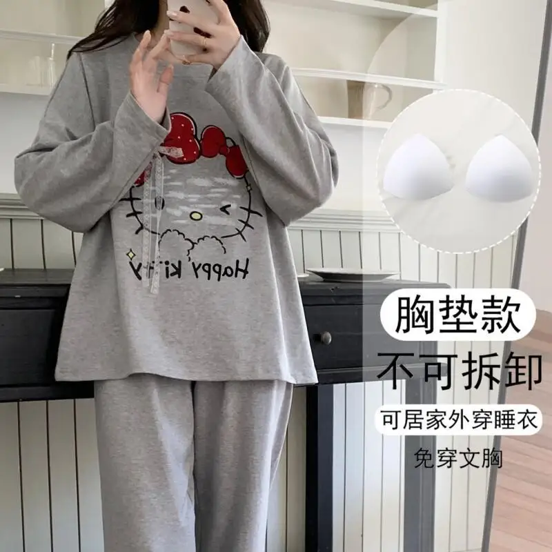 

Sanrio Hello Kitty женский пижамный комплект весна-осень с длинным рукавом милый кот встроенный бюстгальтер свободного покроя уличная корейская домашняя одежда для сна