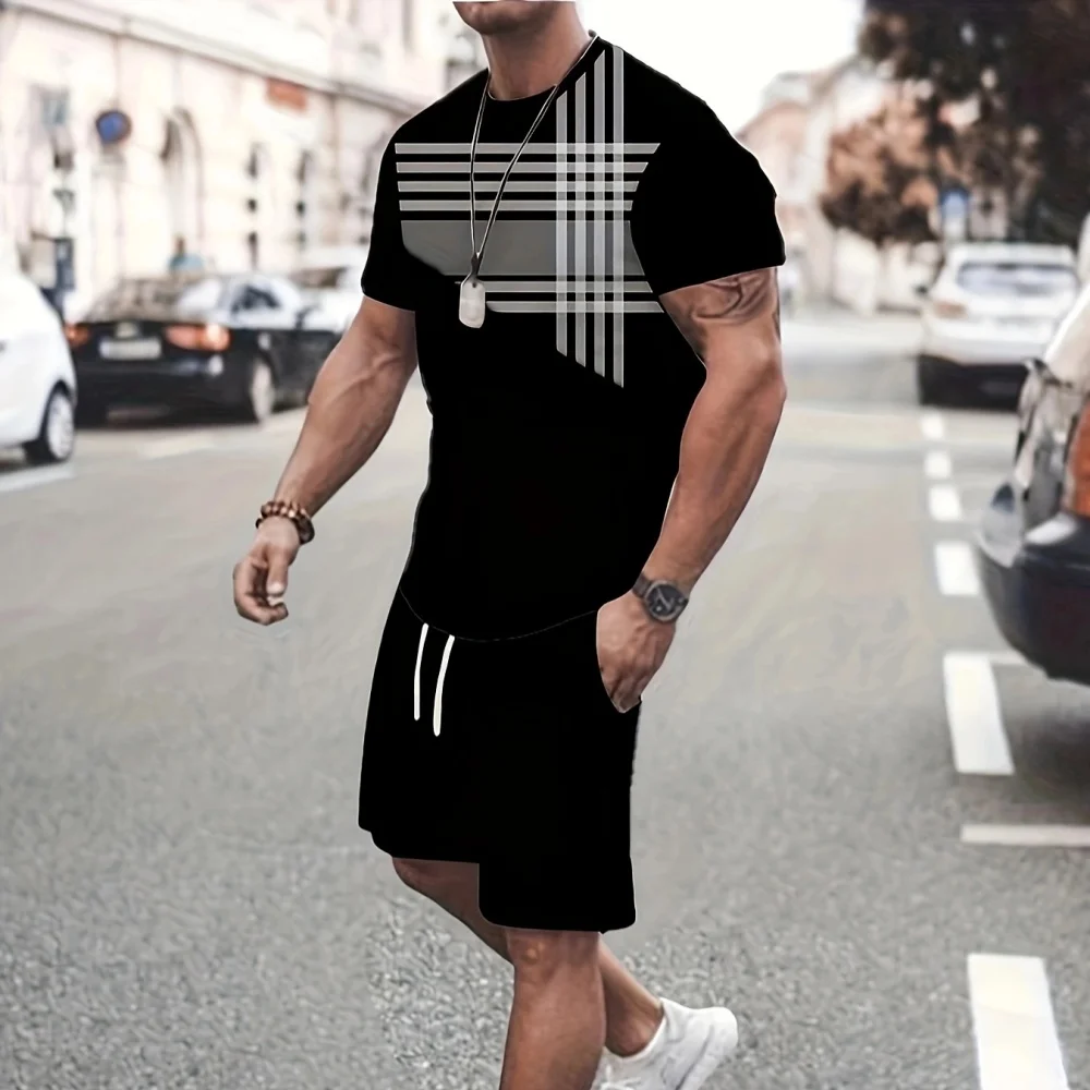 

Summer Men's Casual Short-Sleeved Shorts Set Simple Cross Printed T-Shirt Matching Color Round Neck Short-Sleeved 2-Piece Set