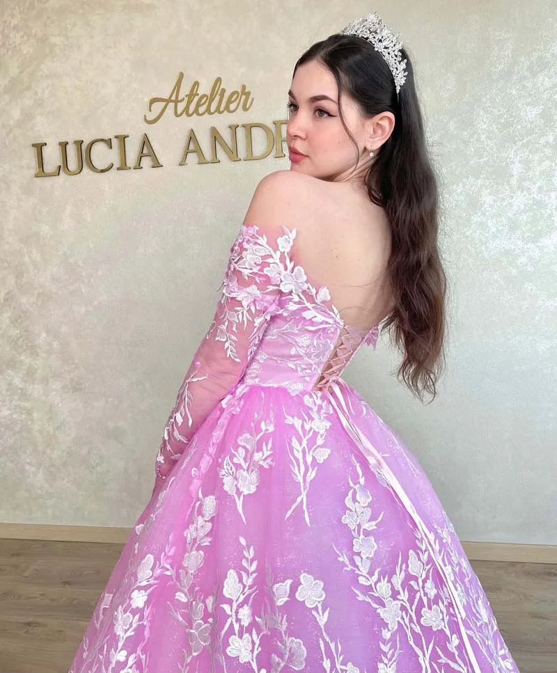 Luz rosa laço apliques princesa vestido de casamento fora do ombro com decote em v destacável tule manga voltar rendas até vestidos de noiva 2022