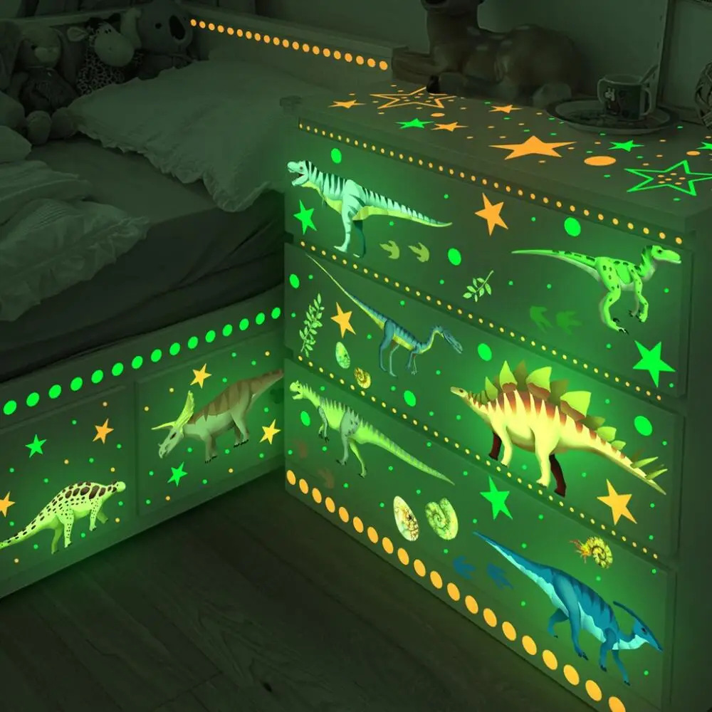 3 Sheets Glow in the Dark Dinosaur Stars Wall Stickers, Self-Adhesive Luminous Removable Wall Decals Design, For Kids Room