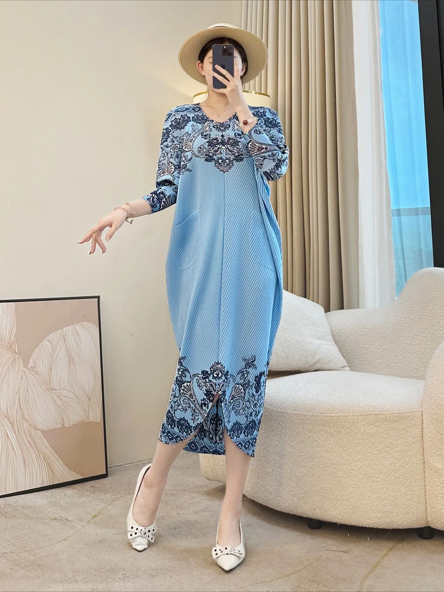 여성용 플리츠 미디 드레스 - 블루 페이즐리 프린트 3/4 소매, 여성 보헤미안 플리츠 드레스 2025 신상품 - 캐주얼 파티웨어