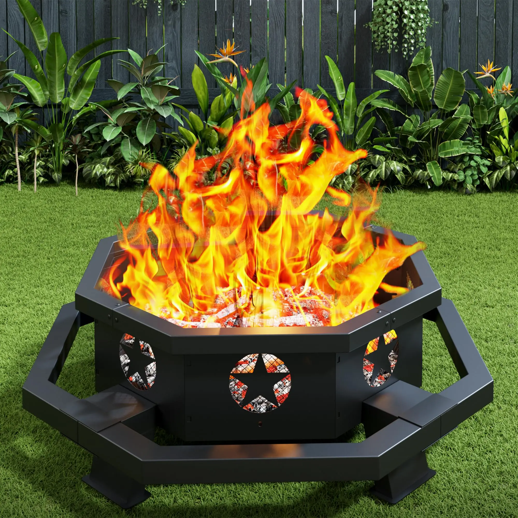 45 Inch Fire Pit for Outside Wood Burning, Outdoor Octagonal Fire Pit with Poker, Large Firepit for Camping, Backyard
