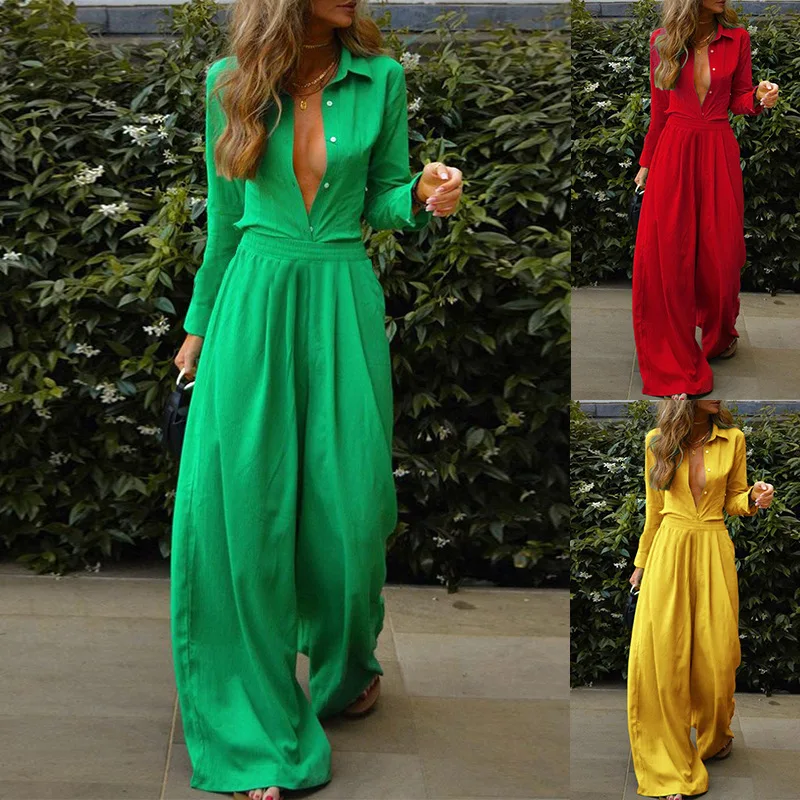 Autumn Women Green Shirts Two Pieces Sets Long Sleeve Blouse +Wide Leg  Yellow Red 2 PCS  Conjuntos De Dos Piezas Para Mujer