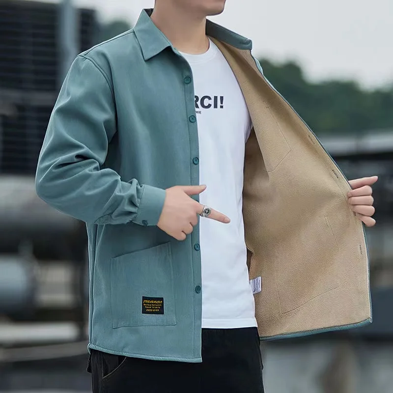 Uxar Pure Cotton Fleece Lined Long Sleeve Casual Shirt for Men Thickened Loose Fit Workwear Trendy Outerwear for Autumn And W...