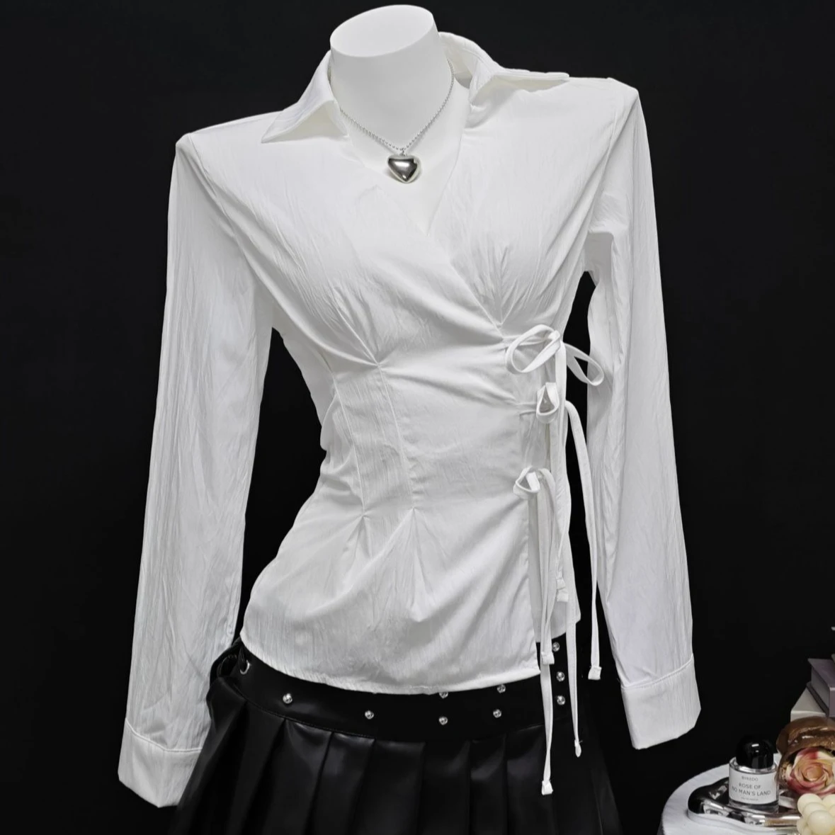 

Women Solid Shirt Llace Up Tops Long Sleeves Turn Down Collar Slight Strech Thin Slim Fit Office Lady Elegant Casual 2026 Spring