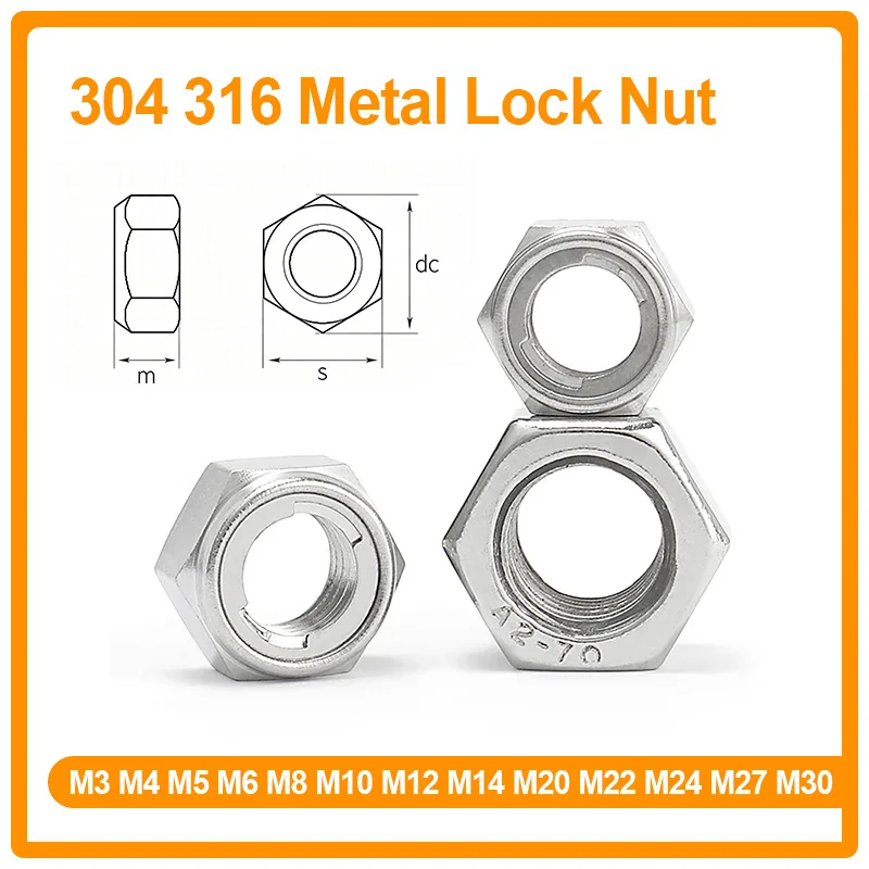 304 316 Stainless Steel All Metal Self Locking Nut Anti Loosening Hex Lock Nut M3 M4 M5 M6 M8 M10 M12 M14 M20 M22 M24 M27 M30