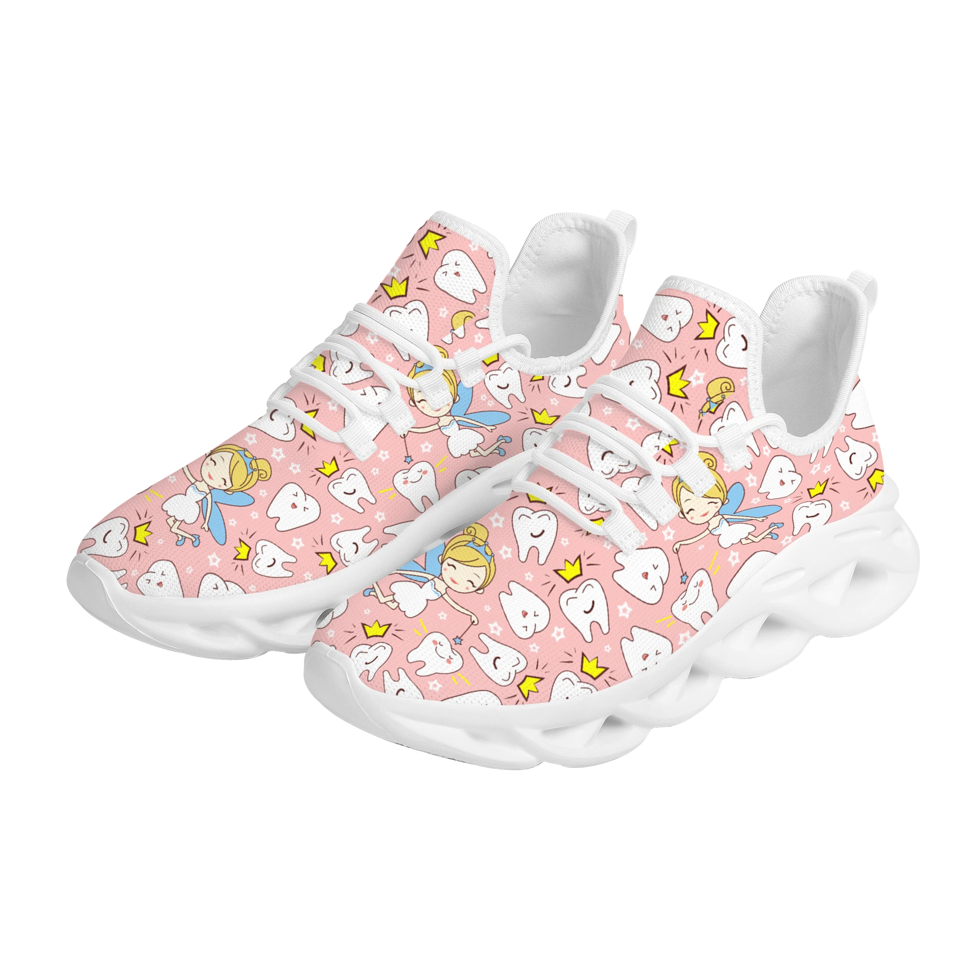 Pink Crown Teeth Angel Print Mesh Flat Shoes Casual Outdoor Street Trend Lace-up Sneakers Light Non-slip Adult Running Shoes