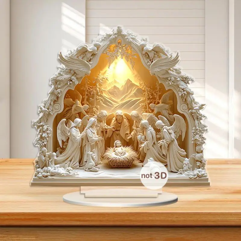 2D شقة الاكريليك المهد يسوع الولادة المشهد زخرفة منضدية الديكور عيد الميلاد مكتب #3