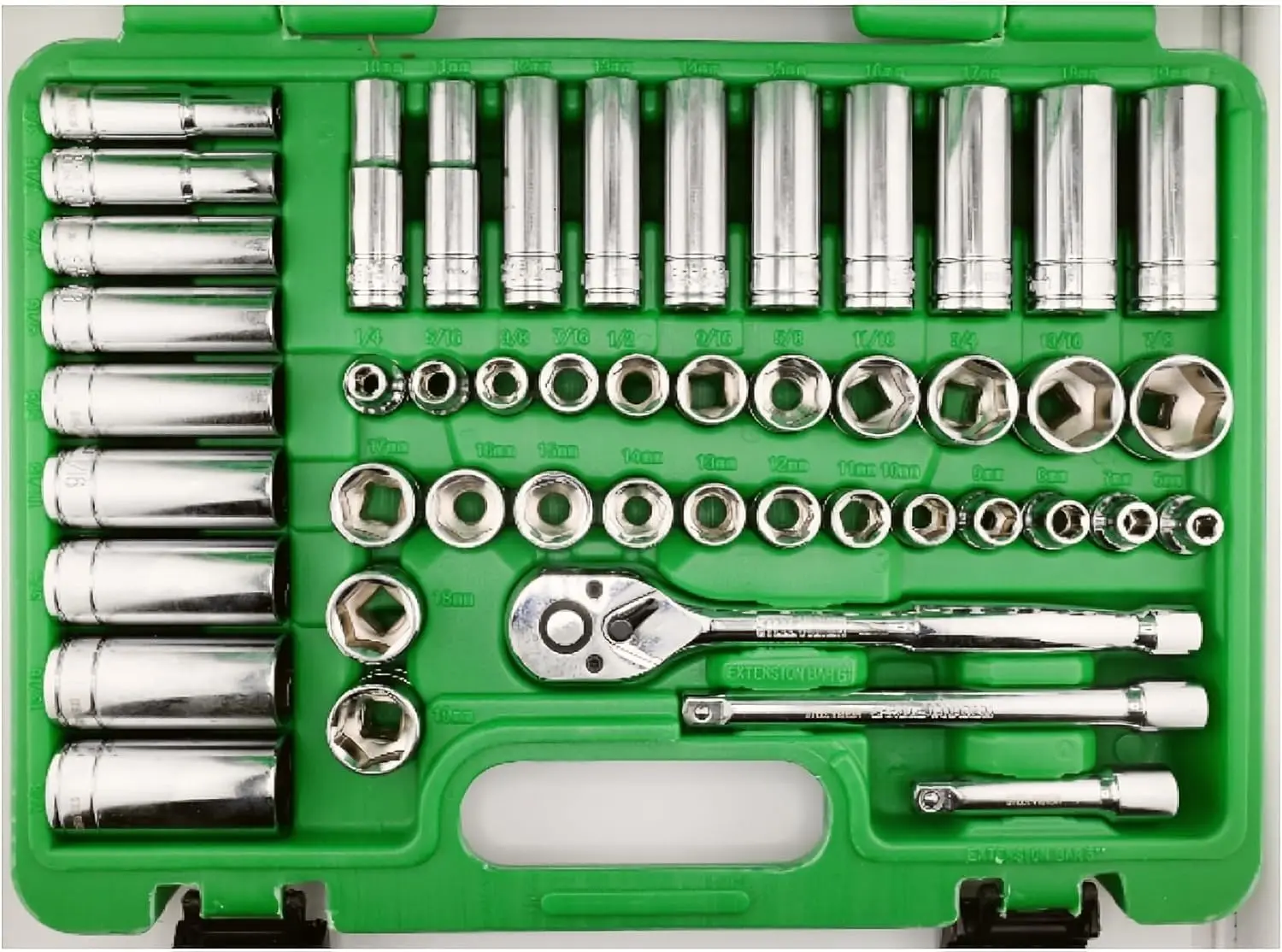 

Dr. Impact Socket Set, Ratchet and Socket Set, 47pc SAE+Metric, Standard and Deep SAE Sizes 1/4" to 7/8", Made with CrV Steel