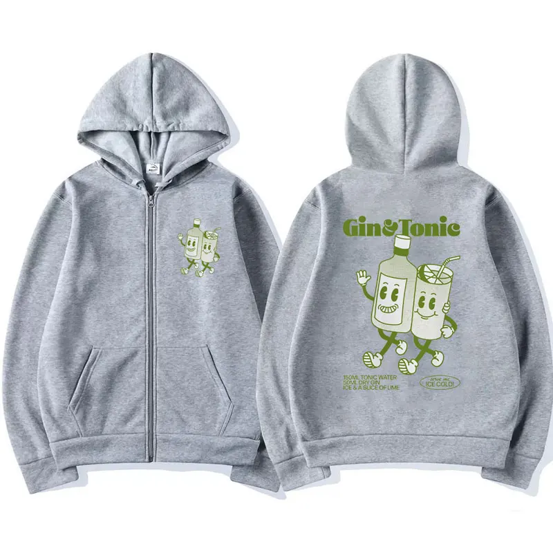 Funny GIN AND TONIC Meme Print Zip-up Hoodie Men Women Winter Fashion Fleece Sweatshirt Coat Male Cute Cocktail Zipper Jackets