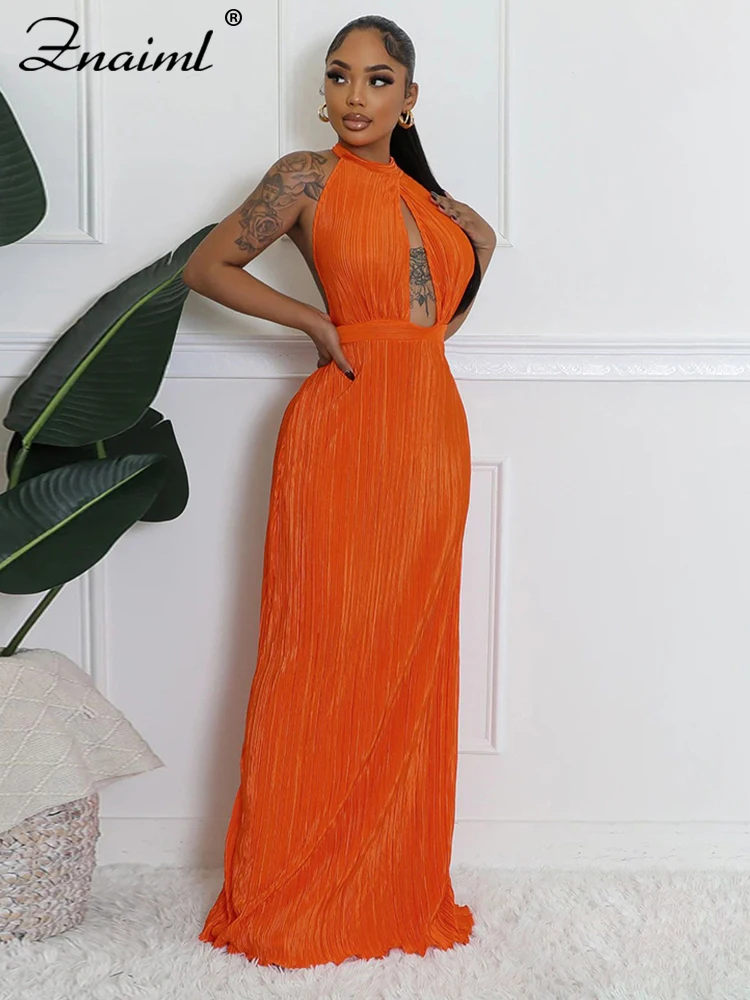 Znaiml Women Elegant Pleated Halter Backless Hollow Out Lace Up Orange Maxi Dress Female Birthday Party Evening Night Vestidos