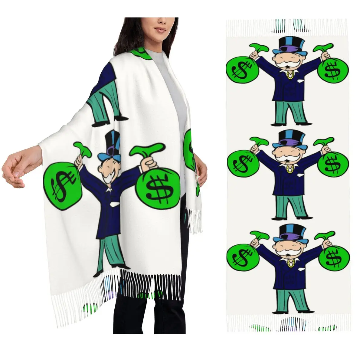 

Радостный Монополия Человек держит два сумки денег Шарф Шарфы с кисточками Женские мягкие теплые шали и накидки Длинная осенне-зимняя шаль