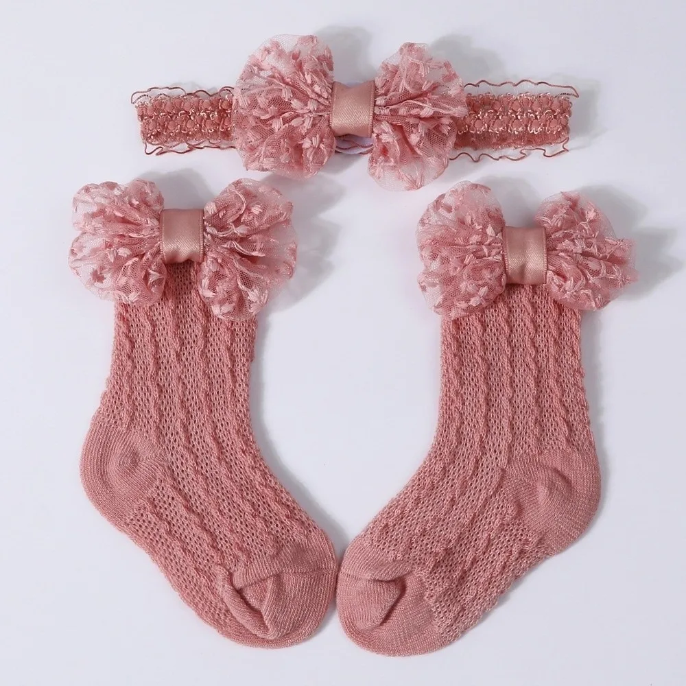 2PCS/Set Solid Color Baby Headband Socks Hollow Out Elastic Lace Bow Socks Lace Bow Breathable Newborn Long Socks