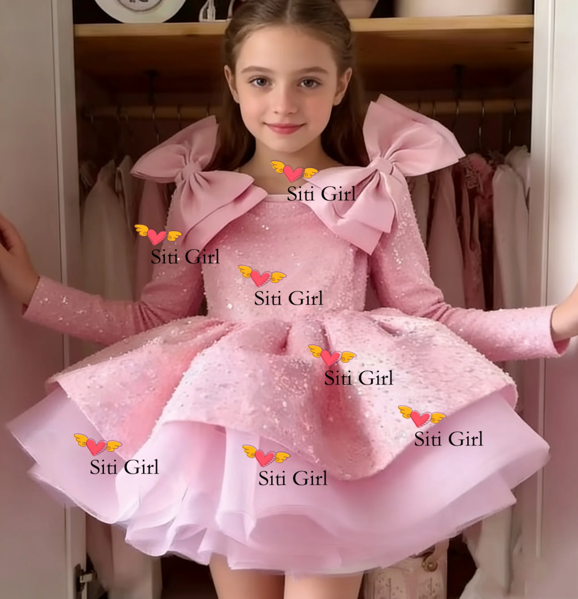 Glitter Pink Flower Girl Dress Ruffles Full Sleeves Scoop Neck Cute Baby Girl Tutu Party Gown Short Graduation Kids Prom Dress
