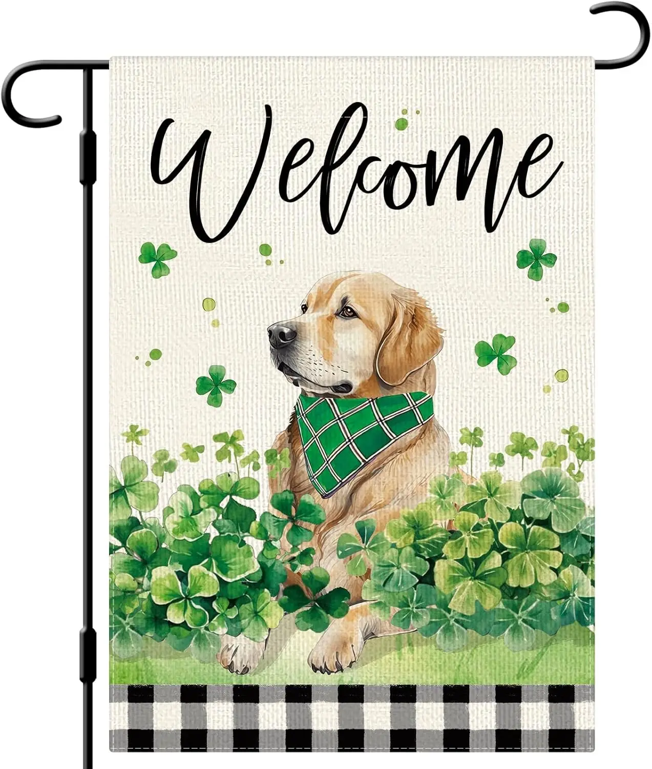 DLZDN Welcome St Patricks Day Dog Garden Flag Lucky Shamrocks Golden Retriever Flag 12×18 Inch Double Side Buffalo Plaid Far EEZ