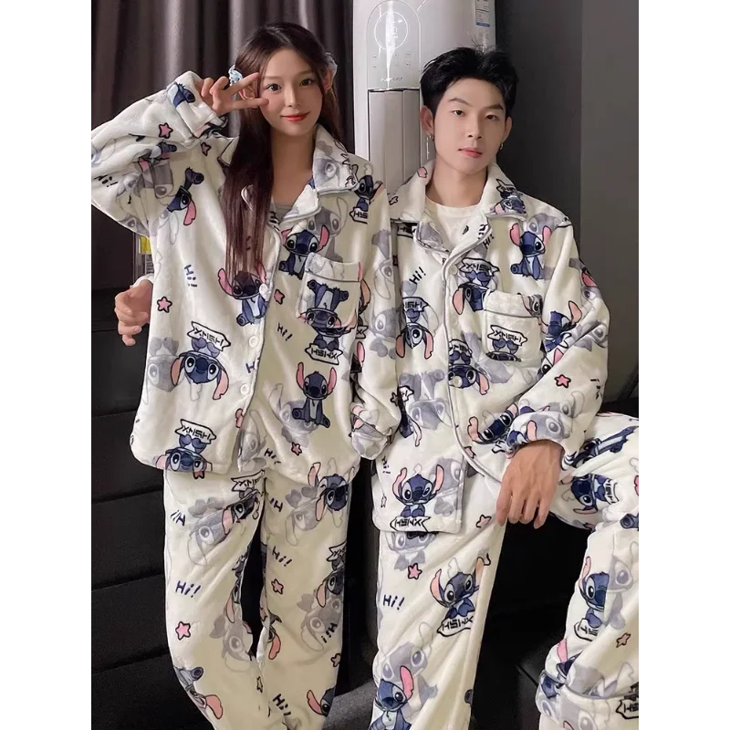 Cartoon Disney couple pajamas winter coral fleece new warm men\'s/women\'s two-piece suit loungewear Stitch women\'s pajamas