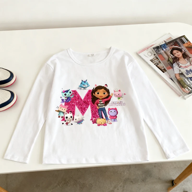 Gabby Poppenhuis Lange Mouwen T-shirts Anime Cartoon Print Brief Tee Herfst Dunne Tops Kinderkleding Hemd Kinderen Kerstcadeau