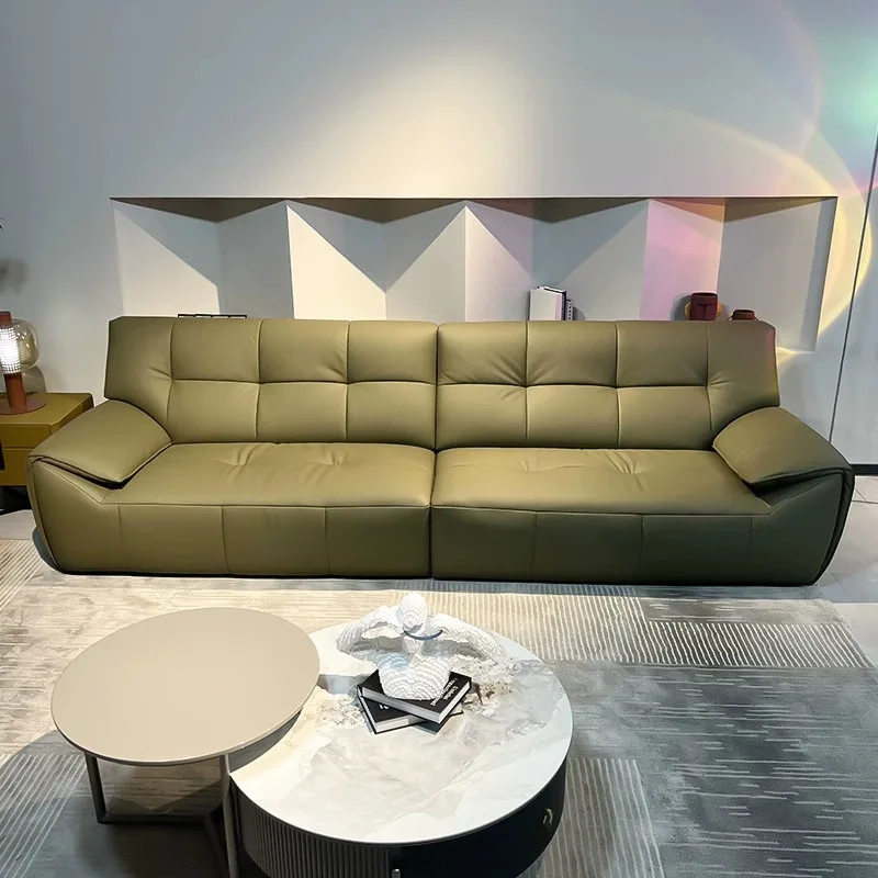 Italian minimalist first-layer cowhide sofa, small apartment high backrest straight row ears cloud marshmallow leather sofa