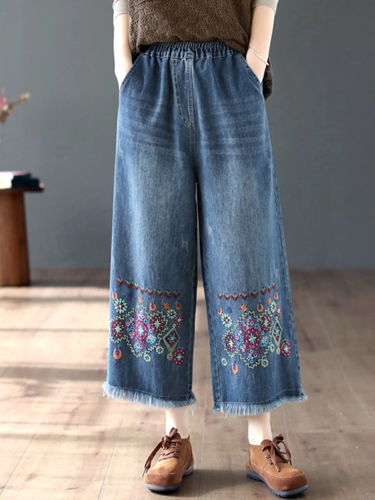 Jeans de cintura alta bordado floral feminino, calça jeans feminina, borlas soltas casuais, estilo nacional retrô, primavera, verão