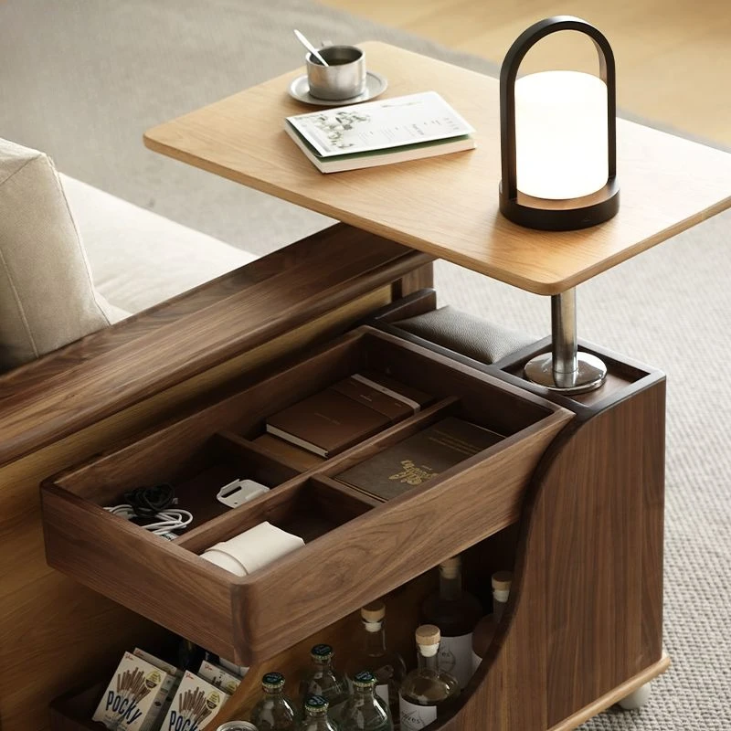 Black walnut lifting side table, living room multi-functional trolley coffee table, modern simple home mobile sofa side cabinet